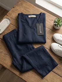 KISHRO Women Linen Solid Relaxed Fit Co-ord Set - Navy Blue