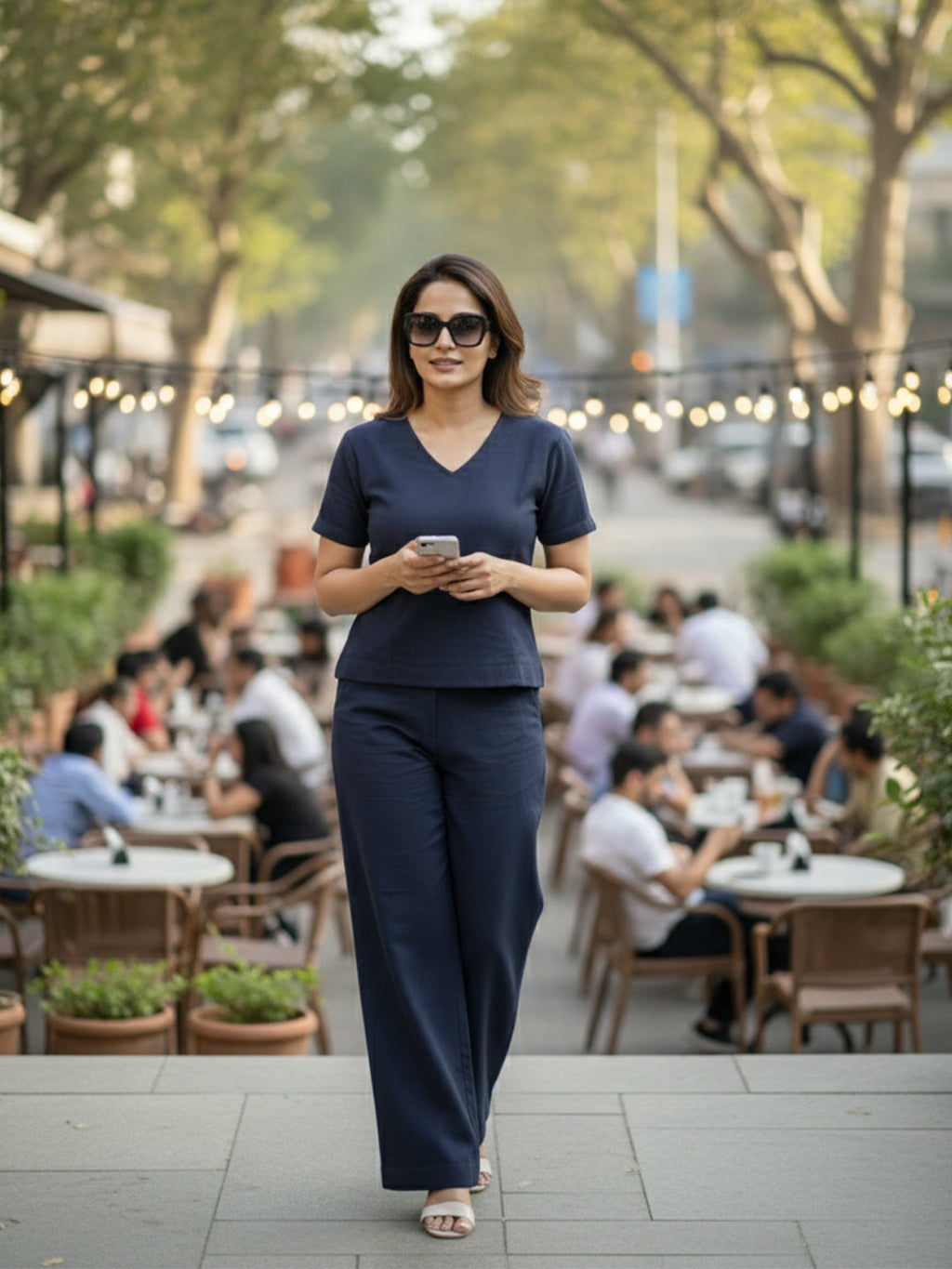 KISHRO Women Linen Solid Relaxed Fit Co-ord Set - Navy Blue