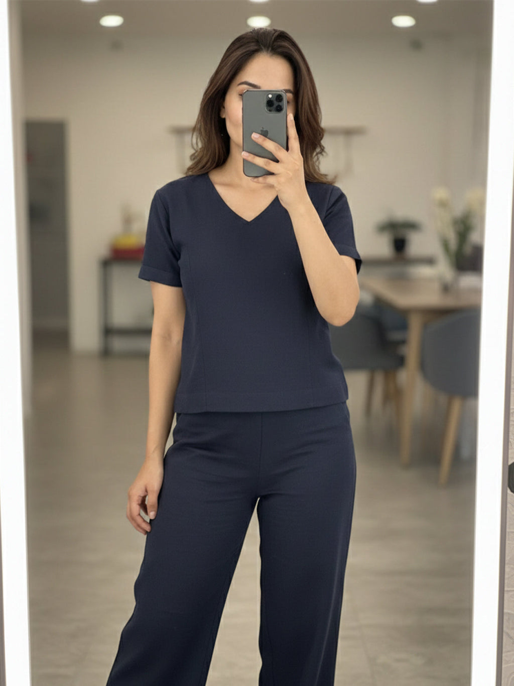 KISHRO Women Linen Solid Relaxed Fit Co-ord Set - Navy Blue