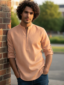 KISHRO Men Cotton Blend Striped Solid Short Kurta - Beige