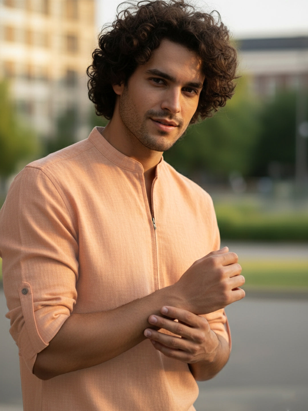 KISHRO Men Cotton Blend Striped Solid Short Kurta - Beige