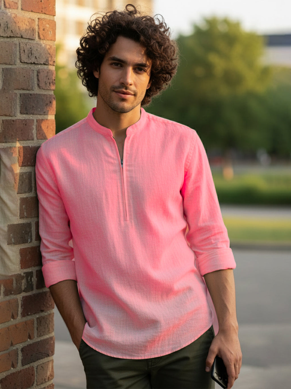 KISHRO Men Cotton Blend Striped Solid Short Kurta - Beige