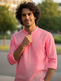 KISHRO Men Cotton Blend Striped Solid Short Kurta - Beige