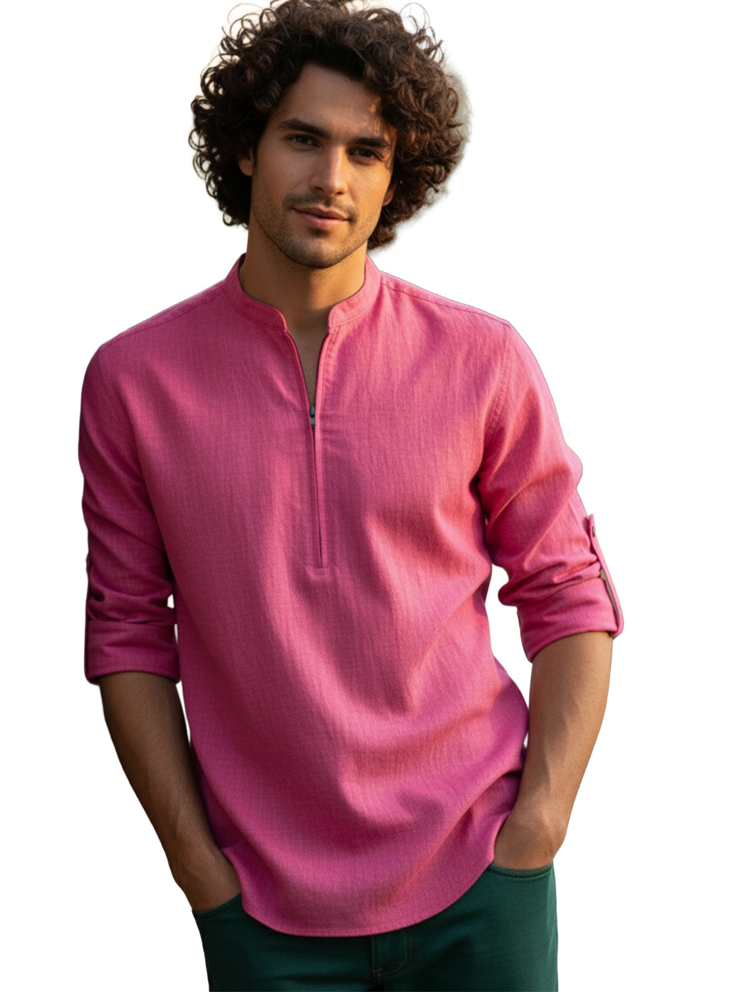 KISHRO Men Cotton Blend Striped Solid Short Kurta - Beige