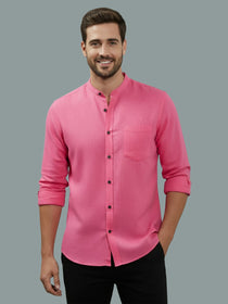 KISHRO Men Cotton Regular Fit Mandarin Collar Casual Shirt - Pink