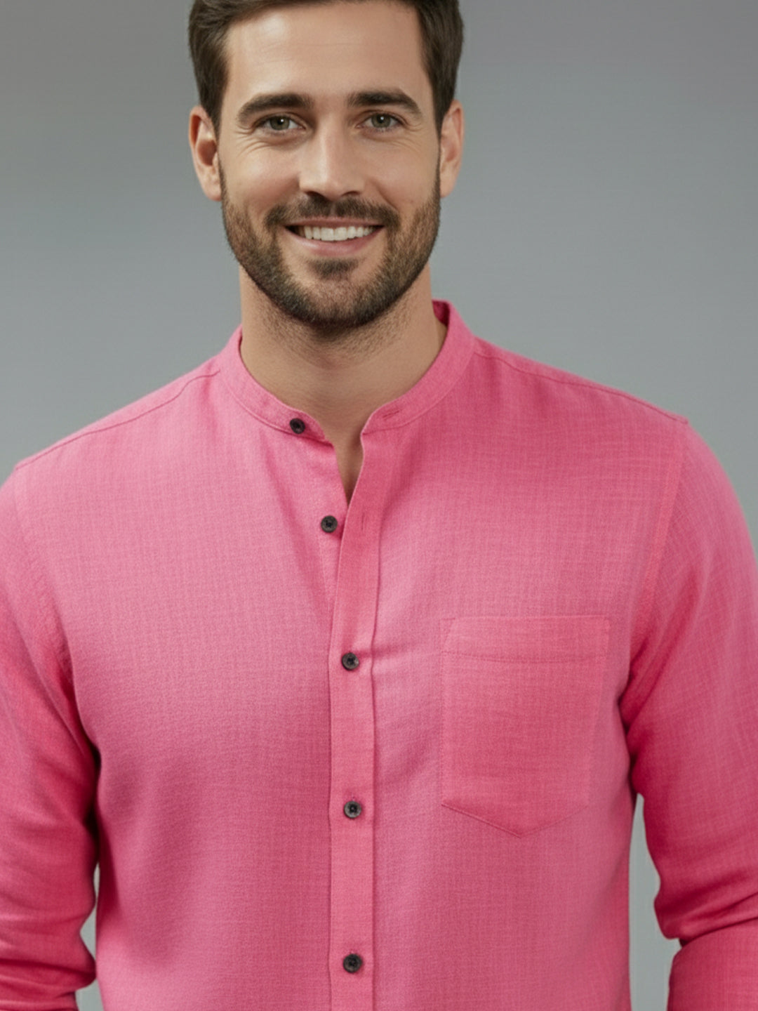 KISHRO Men Cotton Regular Fit Mandarin Collar Casual Shirt - Pink