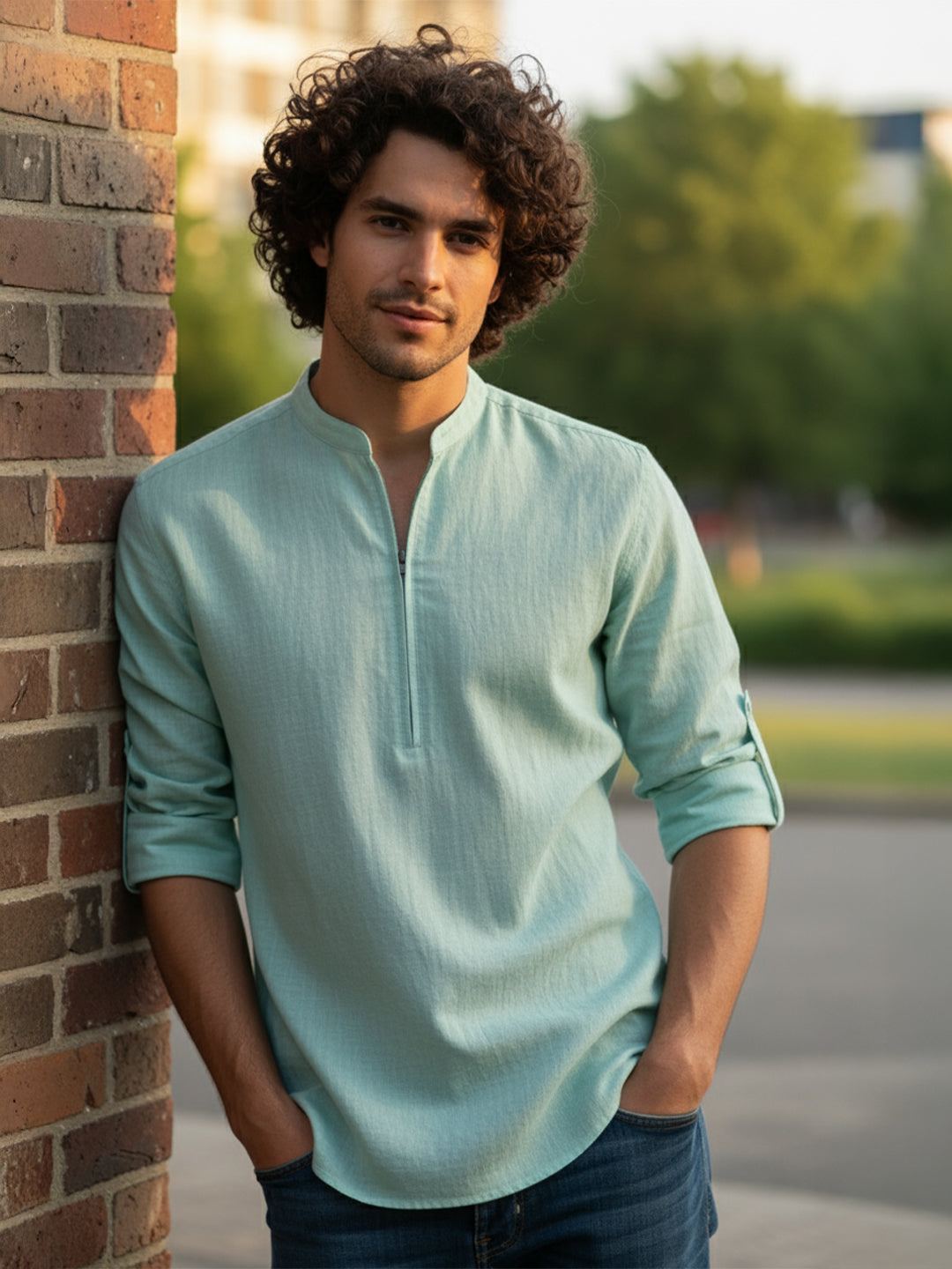KISHRO Men Cotton Blend Striped Solid Short Kurta - Beige