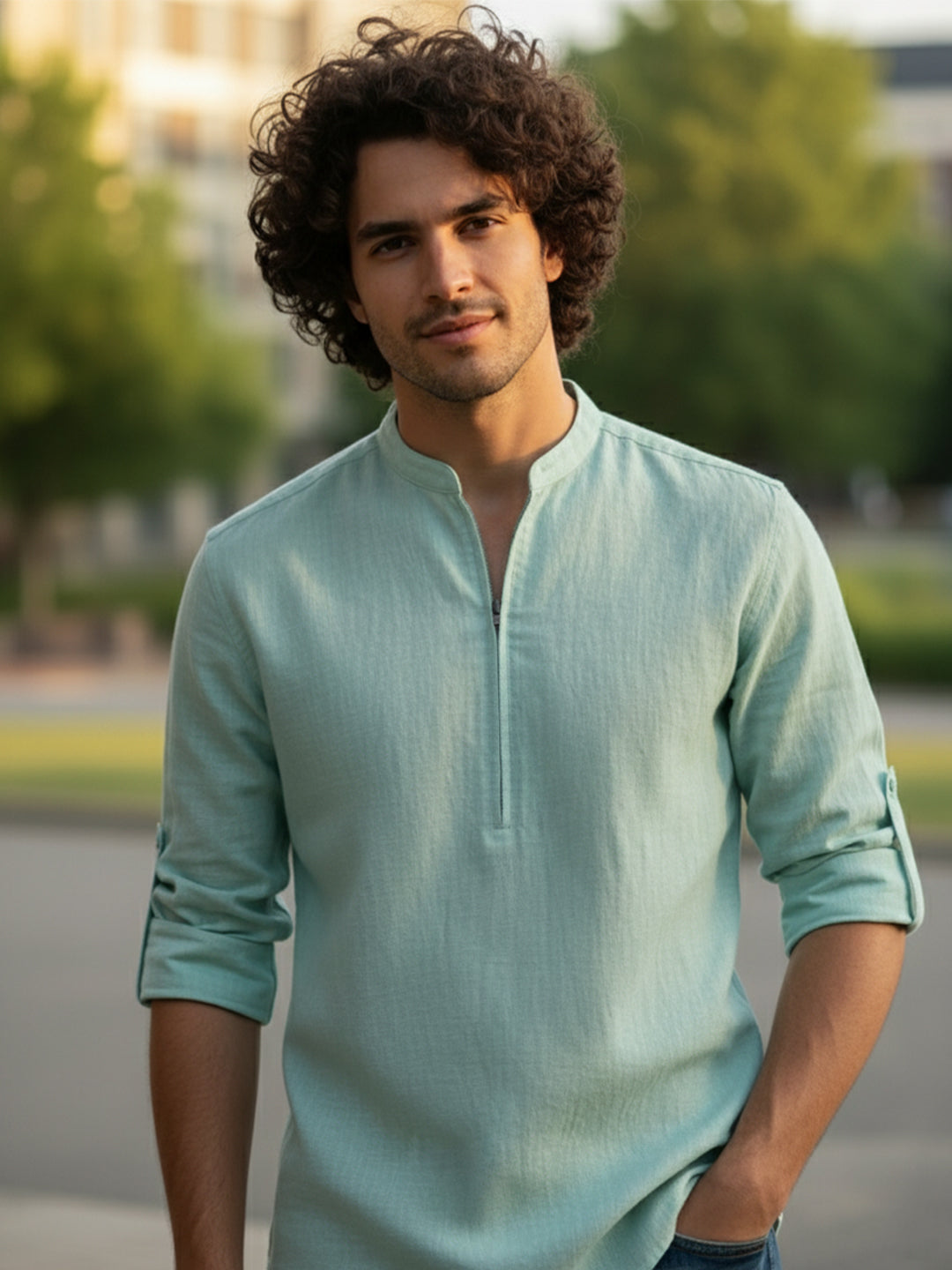 KISHRO Men Cotton Blend Striped Solid Short Kurta - Beige