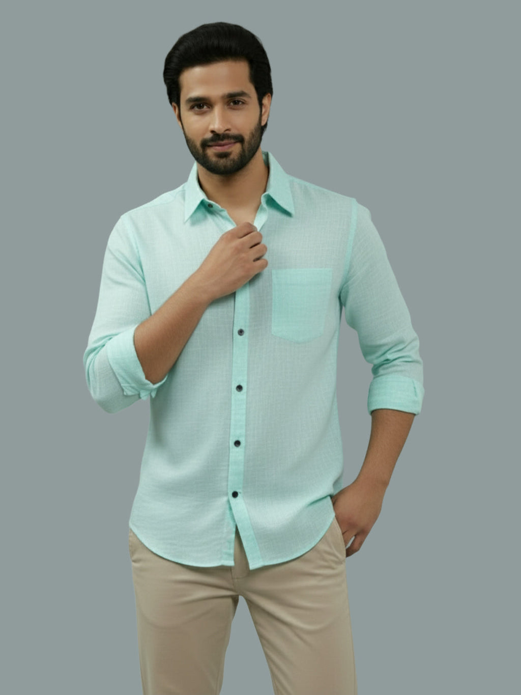 KISHRO Men Cotton Regular Fit Spread Collar Casual Shirt - Green