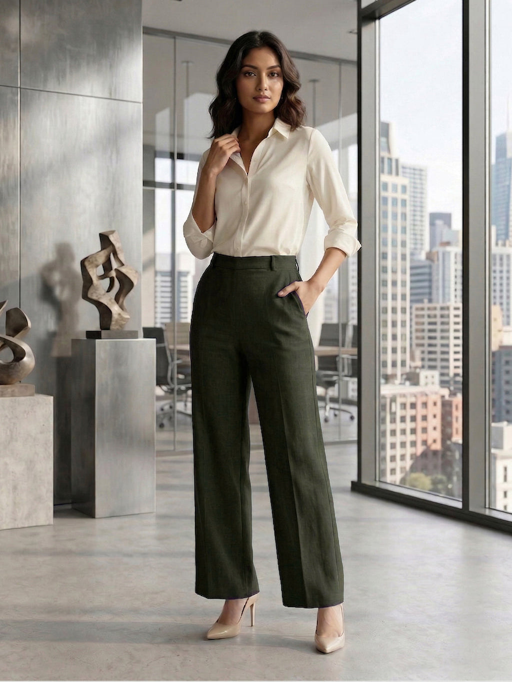 KISHRO Women Rayon Solid Straight Fit Trousers - Green