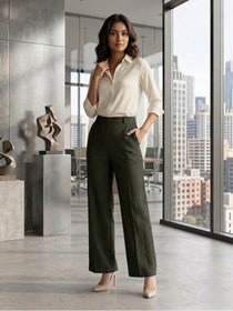 KISHRO Women Rayon Solid Straight Fit Trousers - Green