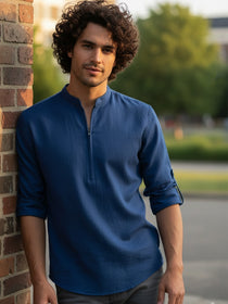 KISHRO Men Cotton Blend Striped Solid Short Kurta - Beige