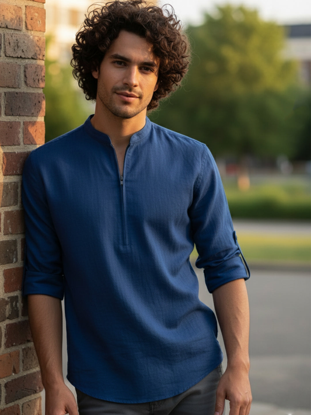 KISHRO Men Cotton Blend Striped Solid Short Kurta - Beige
