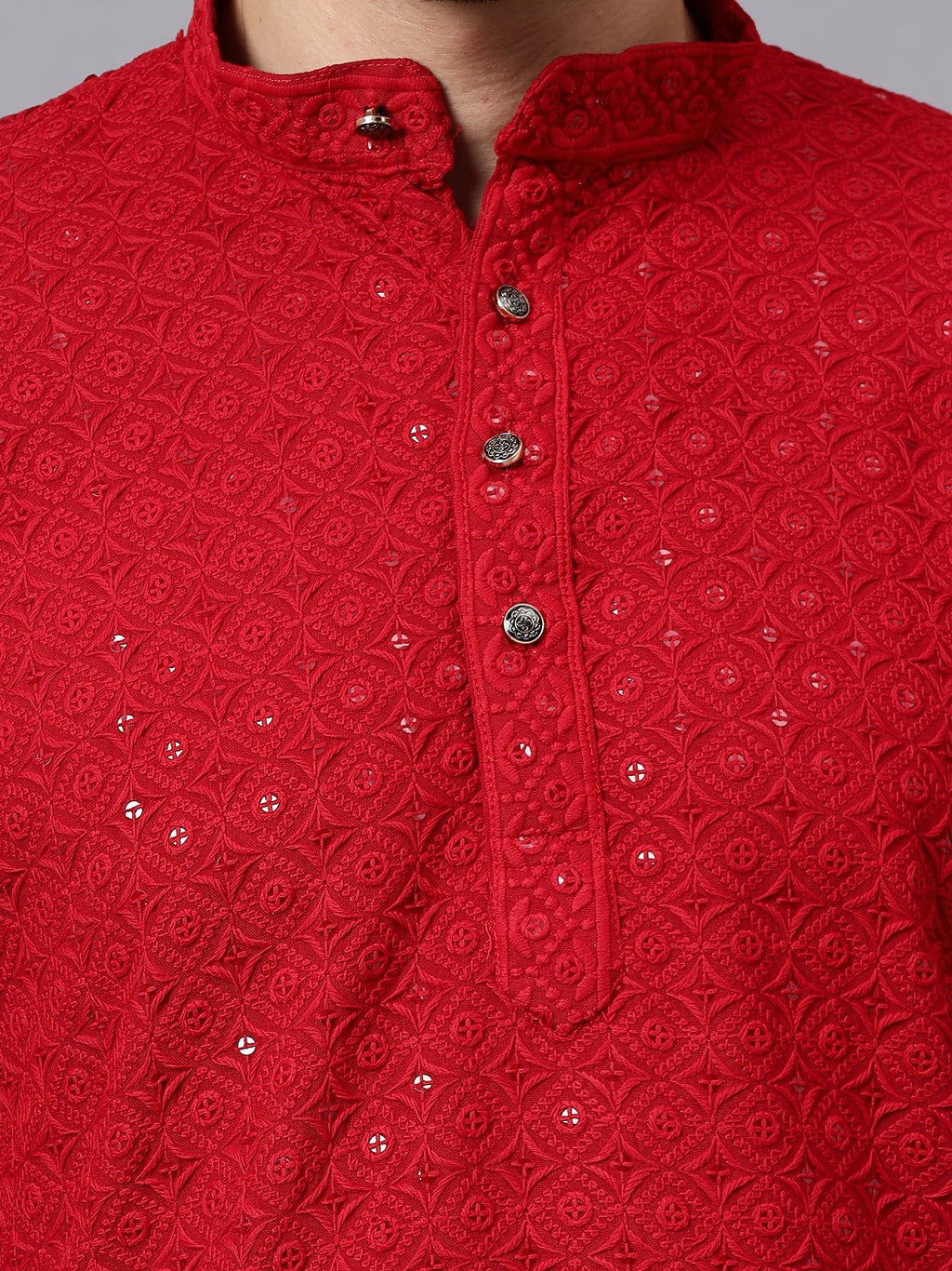 KISHRO Men Rayon Schiffli Chikankari Embroidered Long Kurta Set - Red