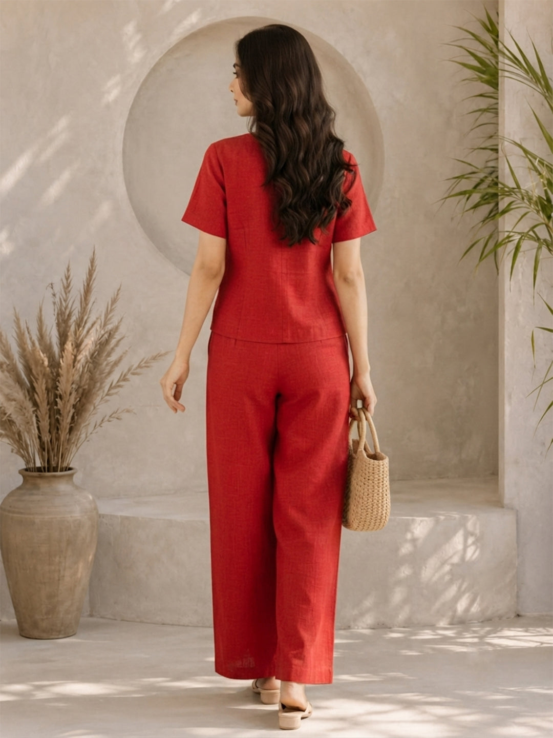 KISHRO Women Linen Solid Wide-Leg Co-ord Set - Red Secondary image