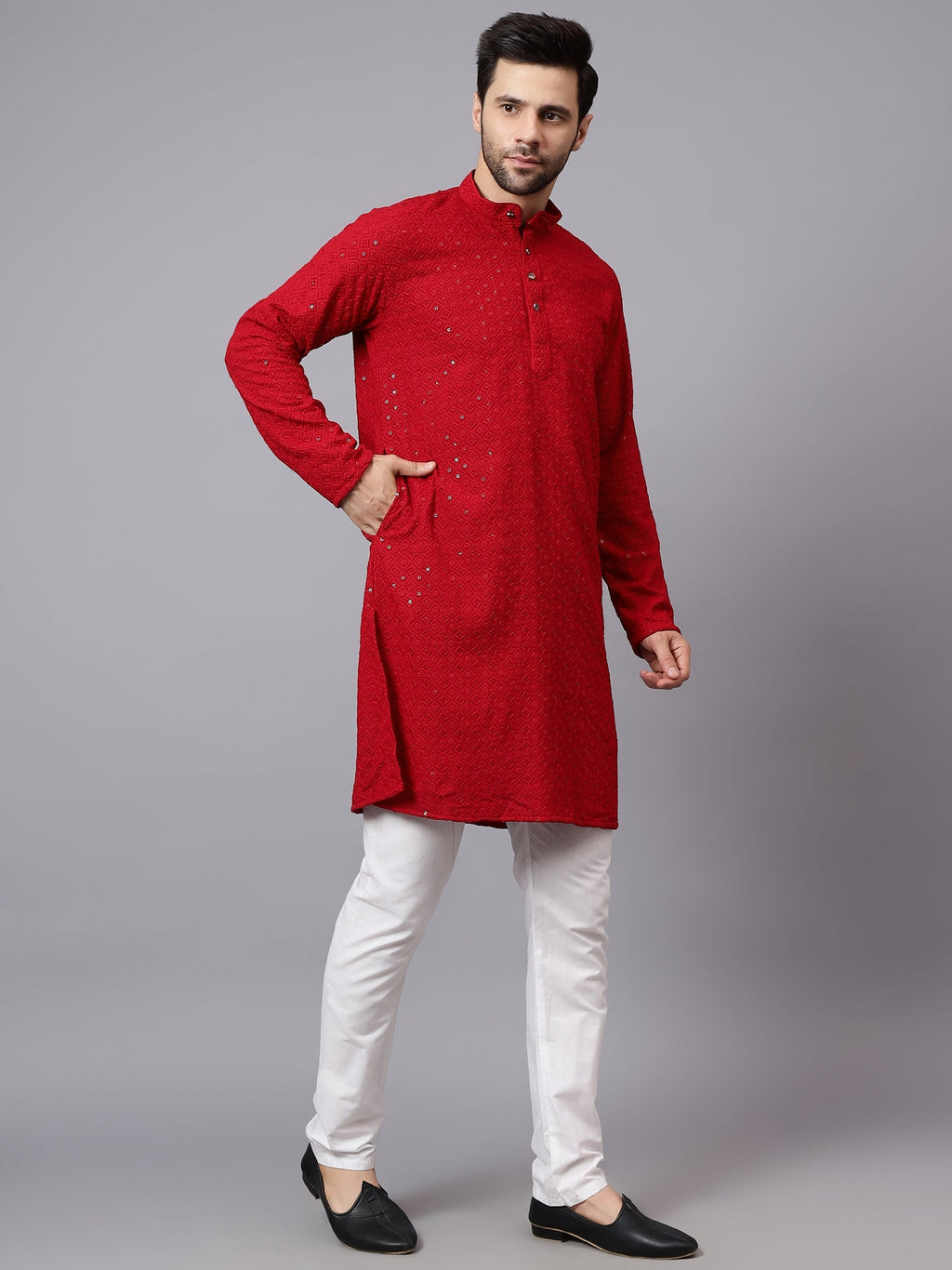 KISHRO Men Rayon Schiffli Chikankari Embroidered Long Kurta Set - Red
