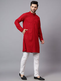KISHRO Men Rayon Schiffli Chikankari Embroidered Long Kurta Set - Red