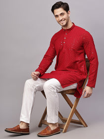 KISHRO Men Rayon Schiffli Chikankari Embroidered Long Kurta Set - Yellow