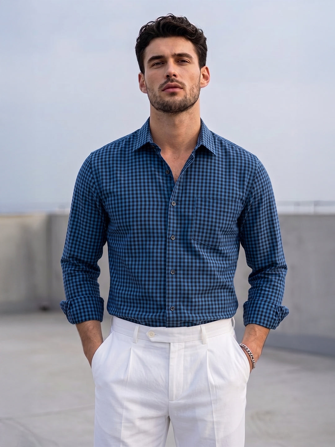 KISHRO Men Cotton Checked Regular Fit Casual Shirt - Royal Blue Main image