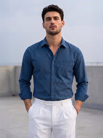 KISHRO Men Cotton Checked Regular Fit Casual Shirt - Royal Blue