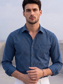 KISHRO Men Cotton Checked Regular Fit Casual Shirt - Royal Blue