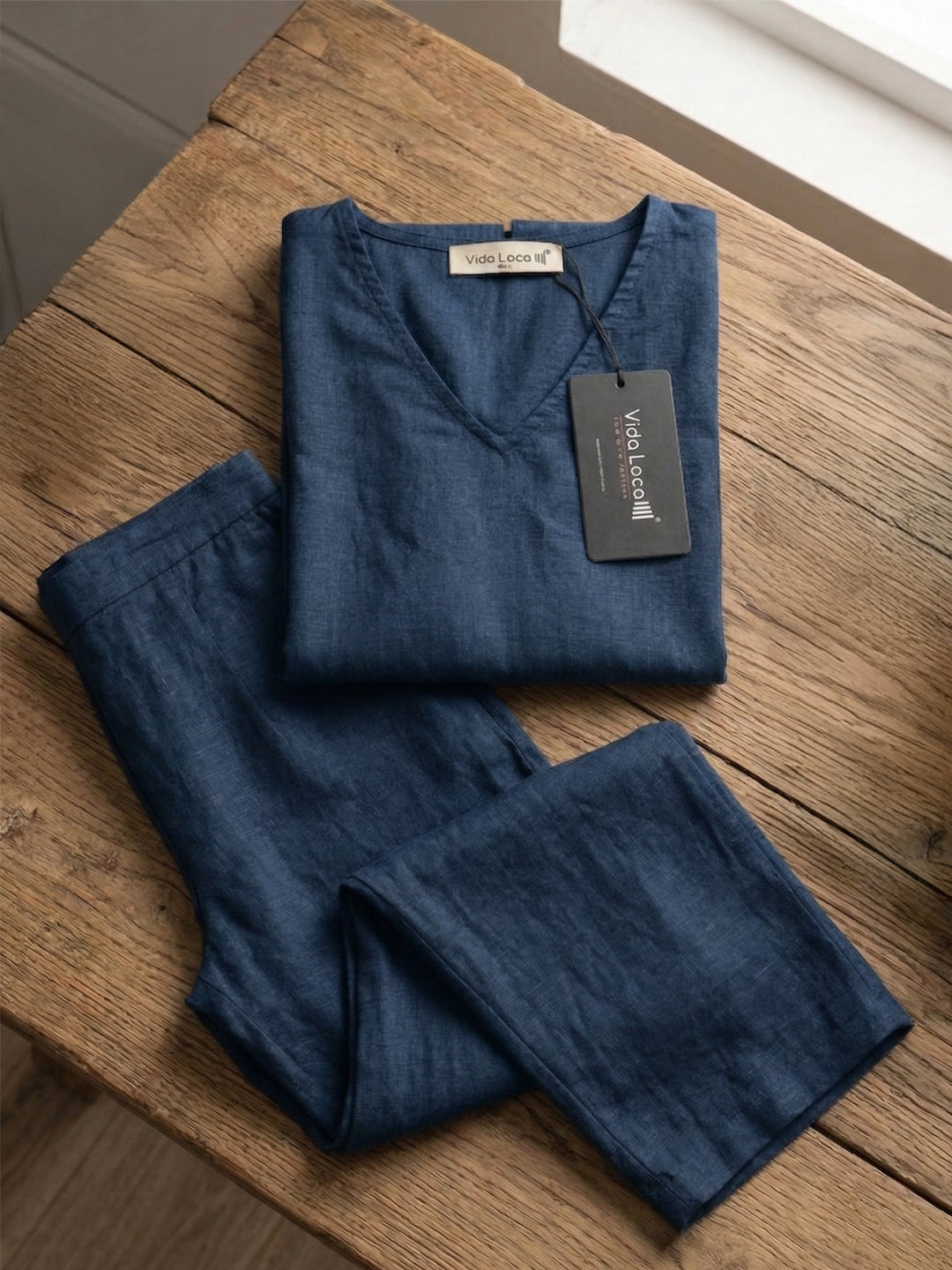 KISHRO Women Linen Solid Relaxed Fit Co-ord Set - Royal Blue