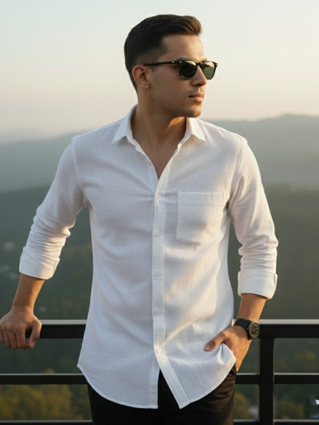 KISHRO Men Cotton Striped Relaxed Fit Shirt - White
