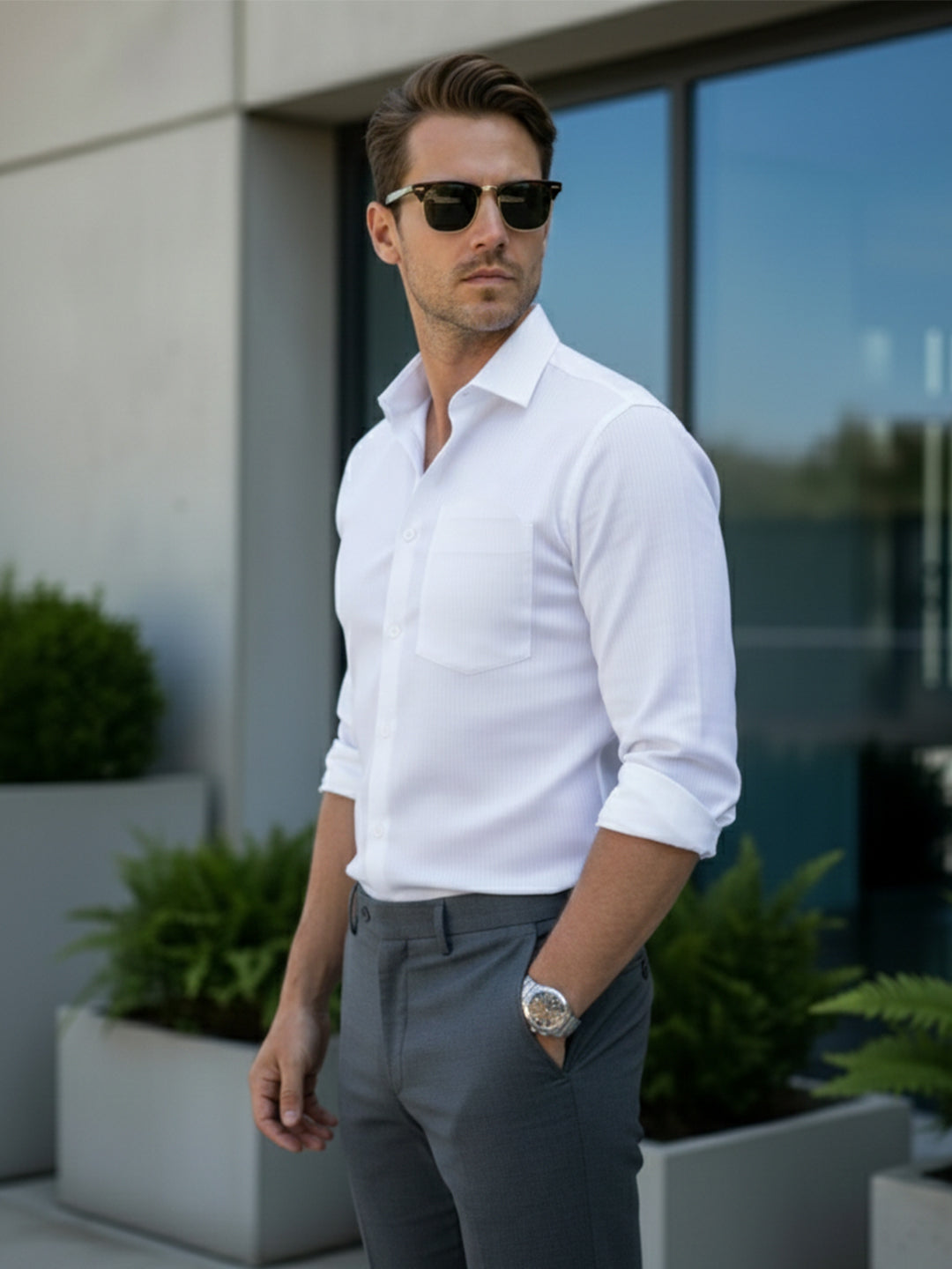 KISHRO Men Cotton Striped Relaxed Fit Shirt - White
