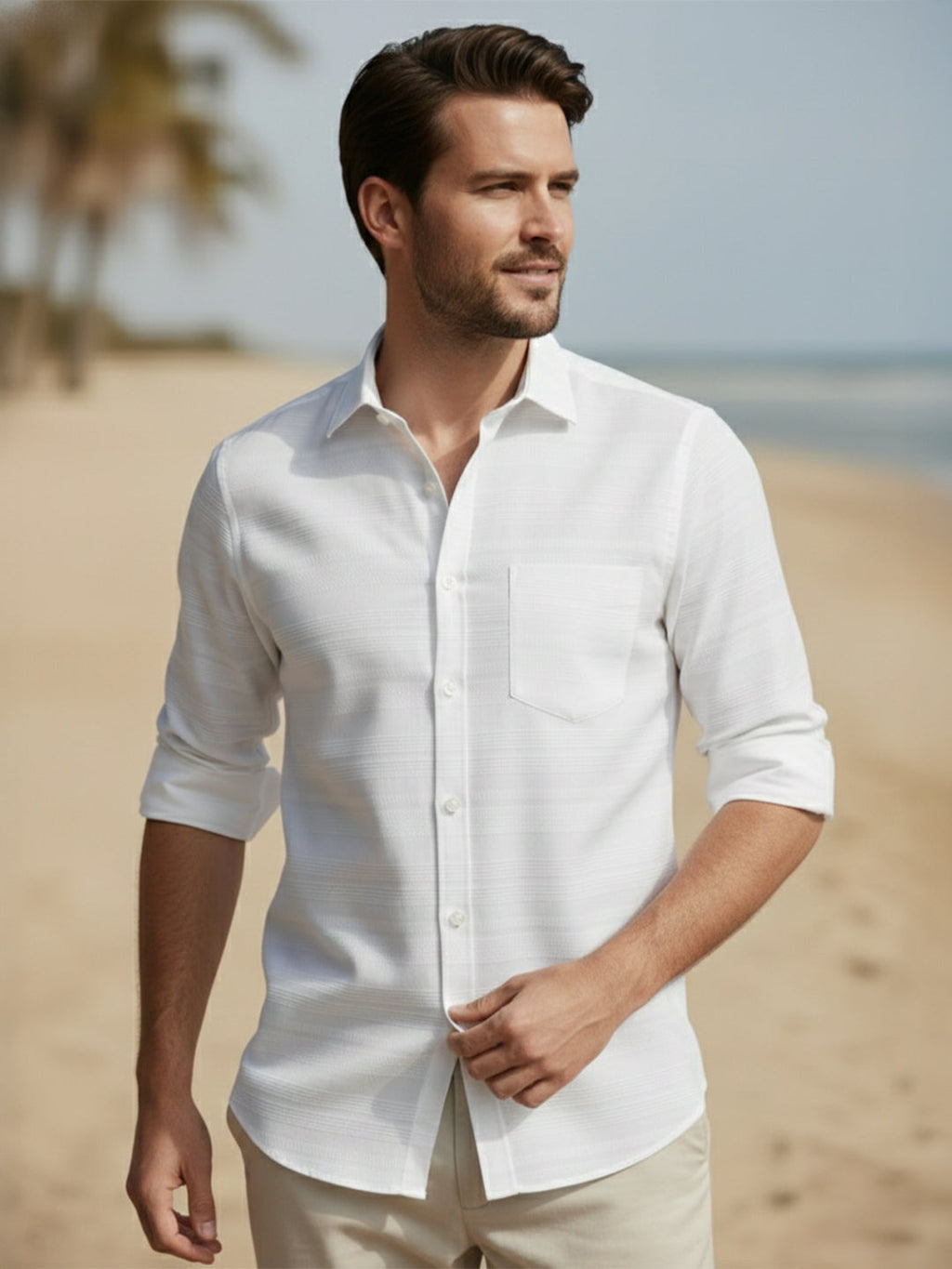 KISHRO Men Cotton Striped Relaxed Fit Shirt - White