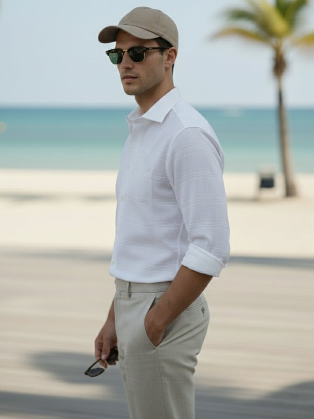 KISHRO Men Cotton Striped Relaxed Fit Shirt - White
