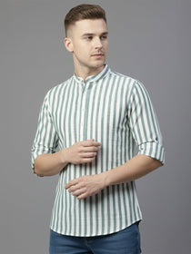 KISHRO Men Cotton Striped Mandarin Collar Curved Hem Short Kurta - White