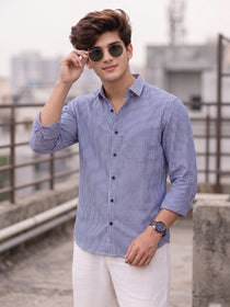 KISHRO Men Cotton Striped Regular Fit Casual Shirt - Sky Blue