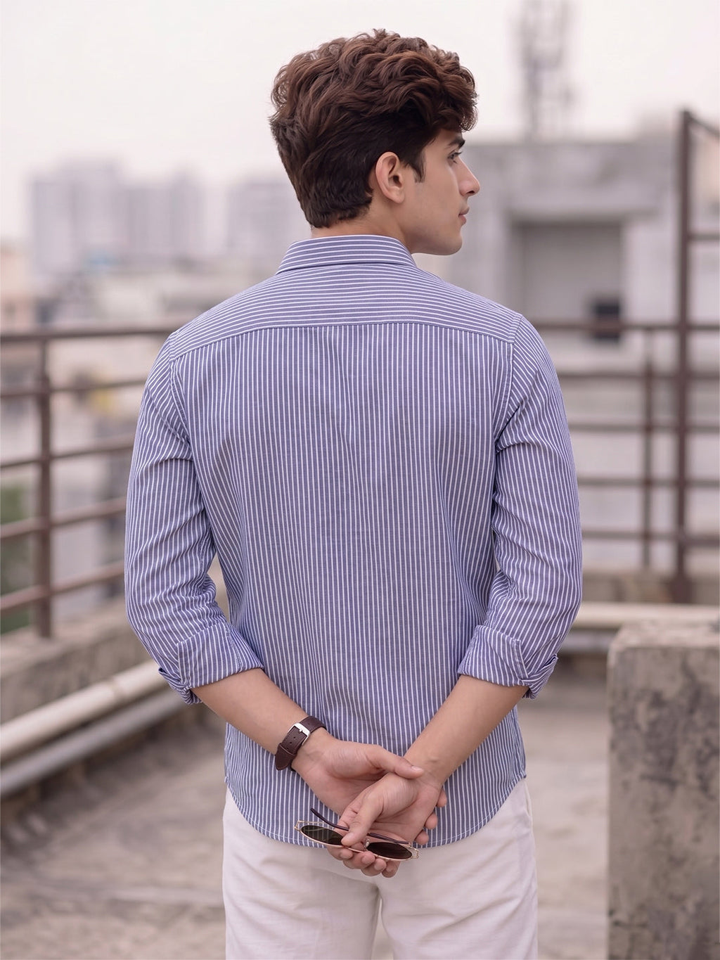 KISHRO Men Cotton Striped Regular Fit Casual Shirt - Sky Blue