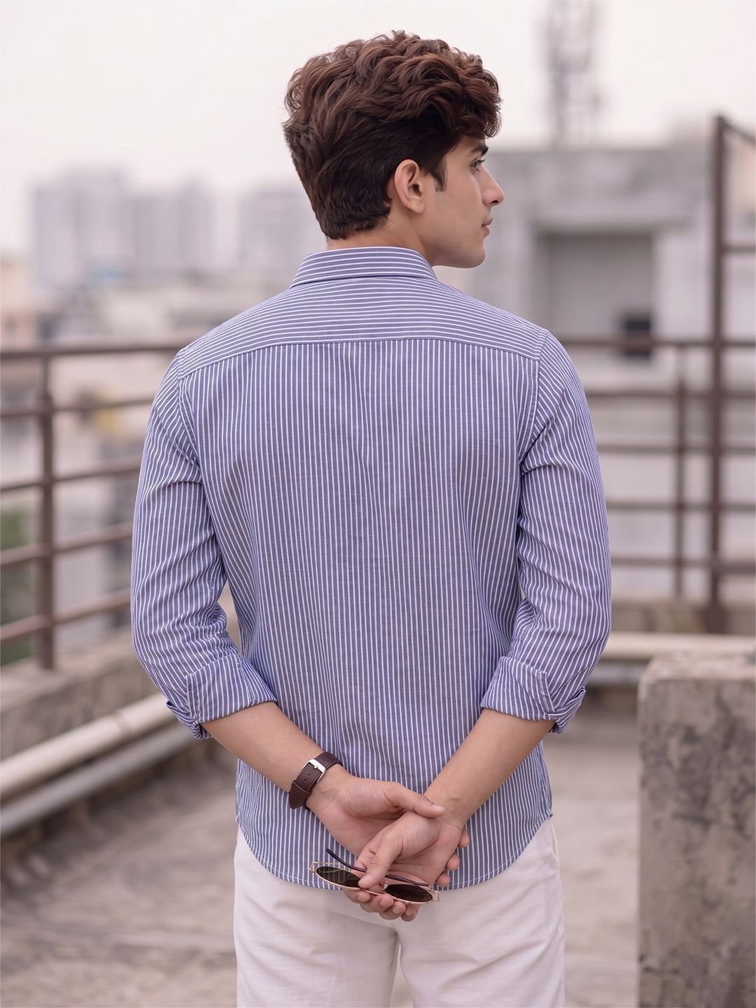 KISHRO Men Cotton Striped Regular Fit Casual Shirt - Sky Blue