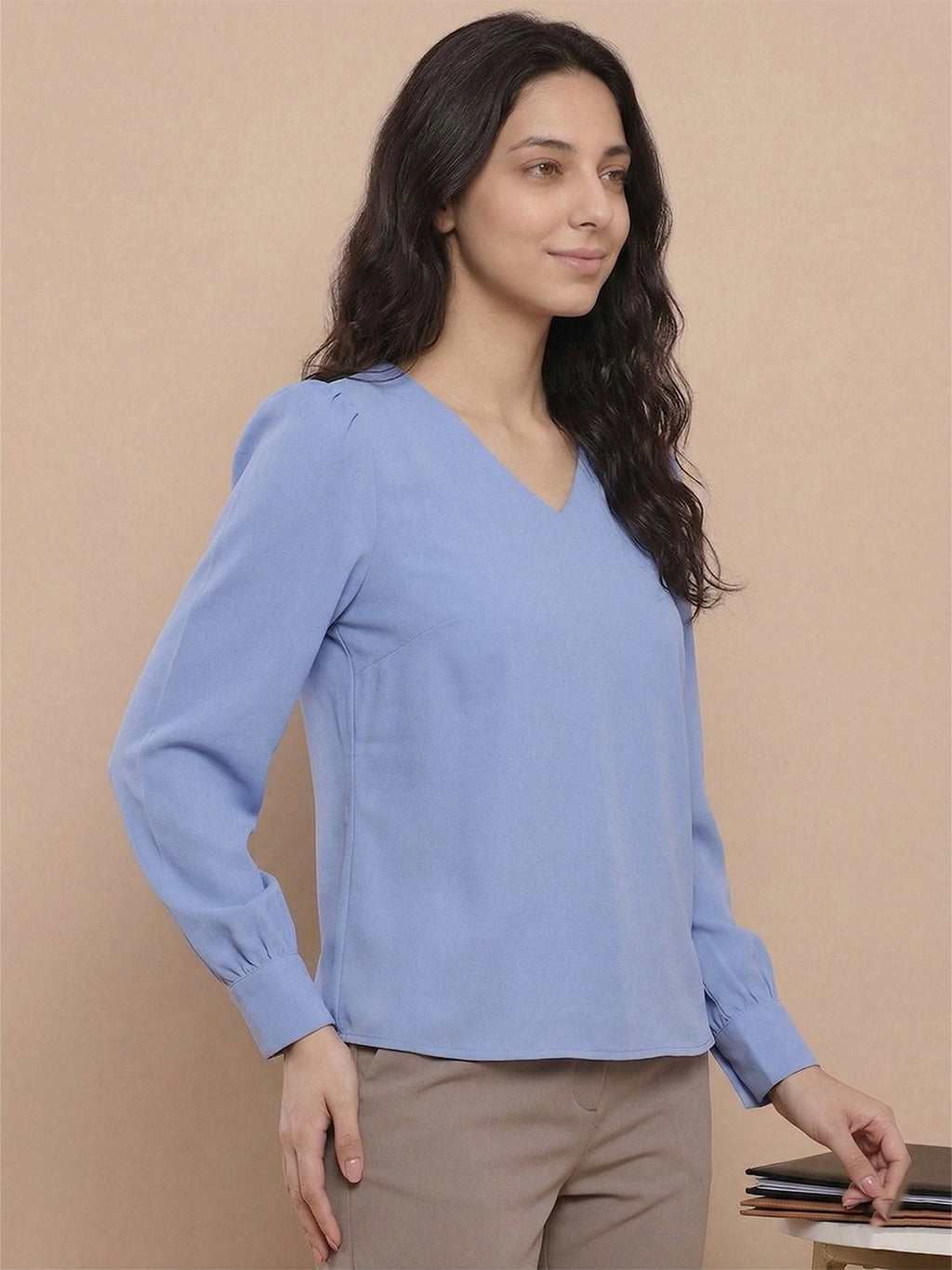 KISHRO Women Denim Solid Regular Fit Top - Teal Blue