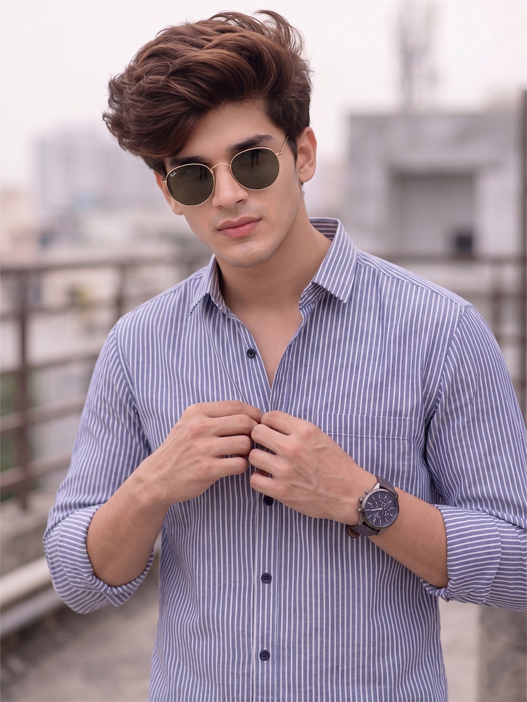KISHRO Men Cotton Striped Regular Fit Casual Shirt - Sky Blue