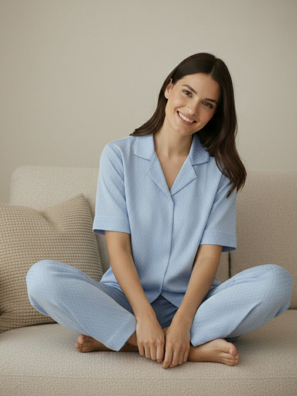 KISHRO Women Linen Solid Relaxed Fit Co-ord Set - Sky Blue