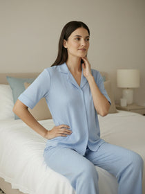 KISHRO Women Linen Solid Relaxed Fit Co-ord Set - Sky Blue