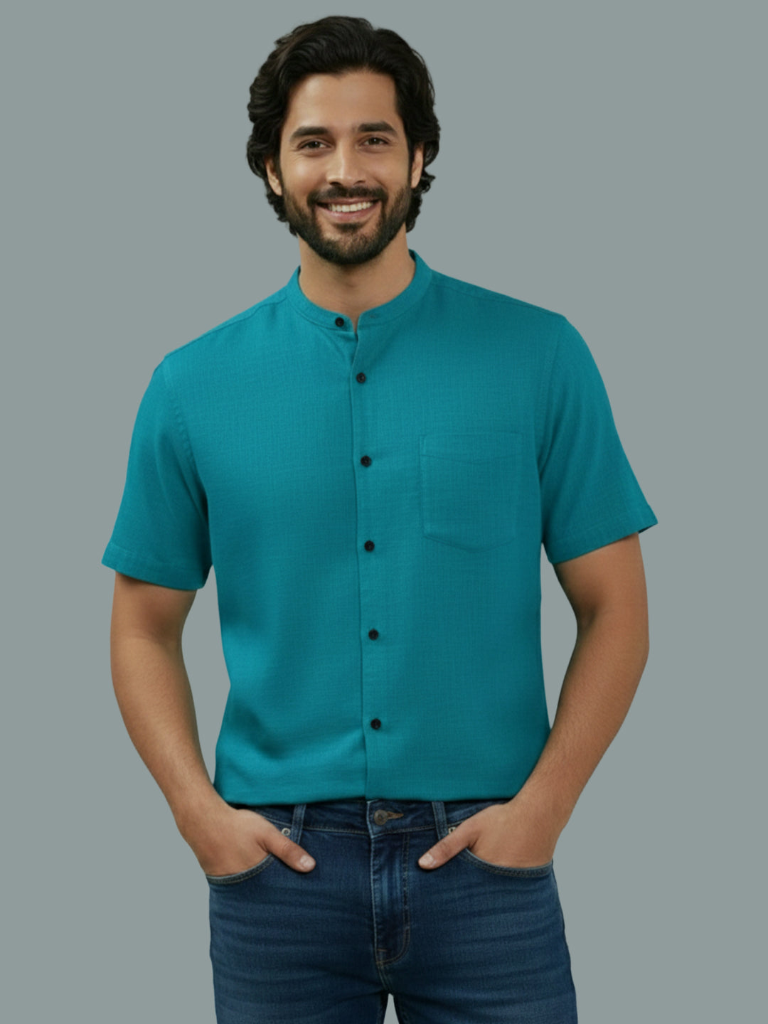 KISHRO Men Cotton Regular Fit Mandarin Collar Casual Shirt - White