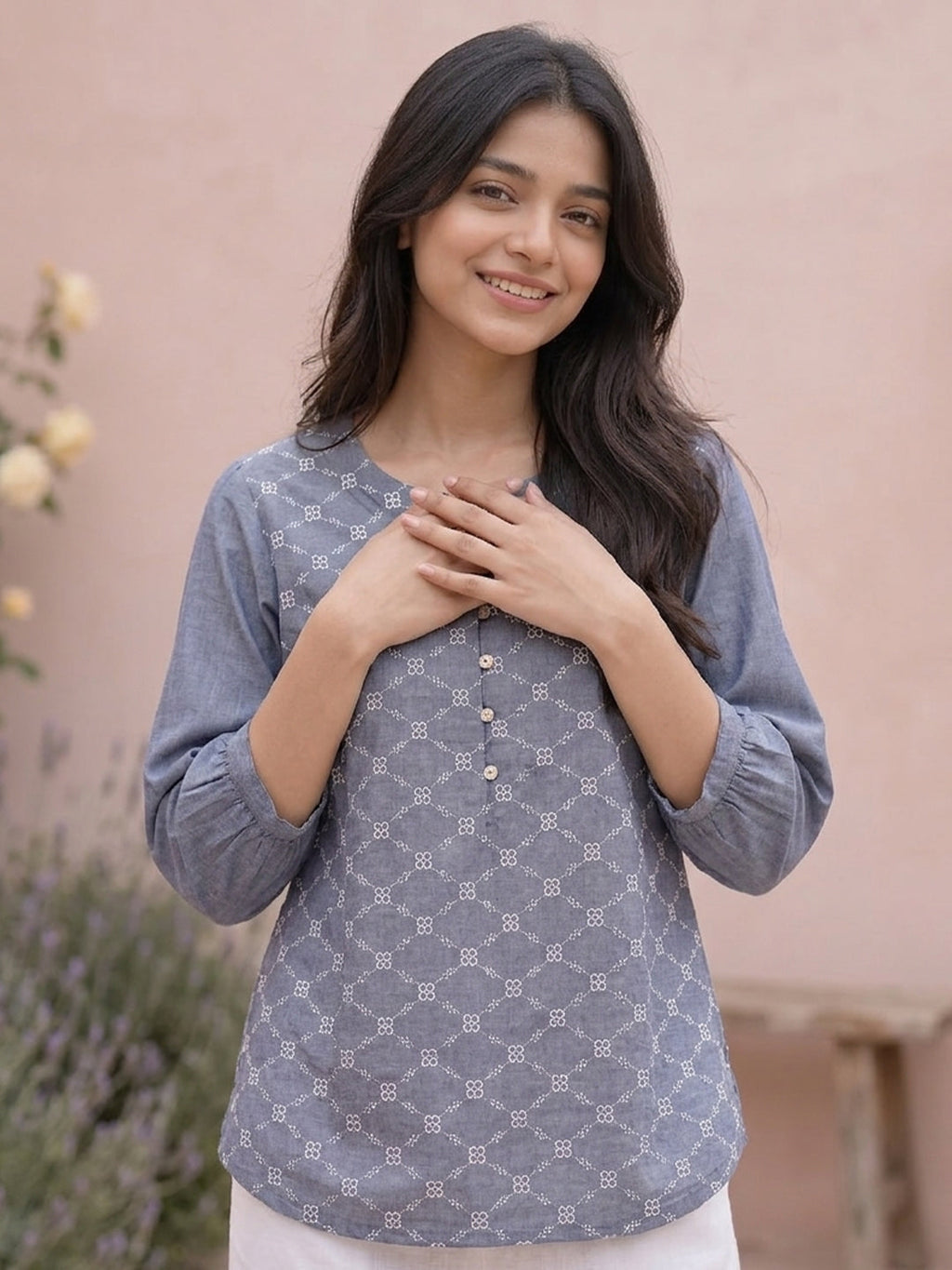 KISHRO Women Cotton Floral Printed Regular Fit Top - Dark Grey