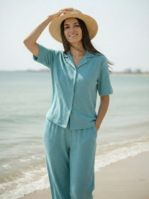 KISHRO Women Linen Solid Relaxed Fit Co-ord Set - Turquoise