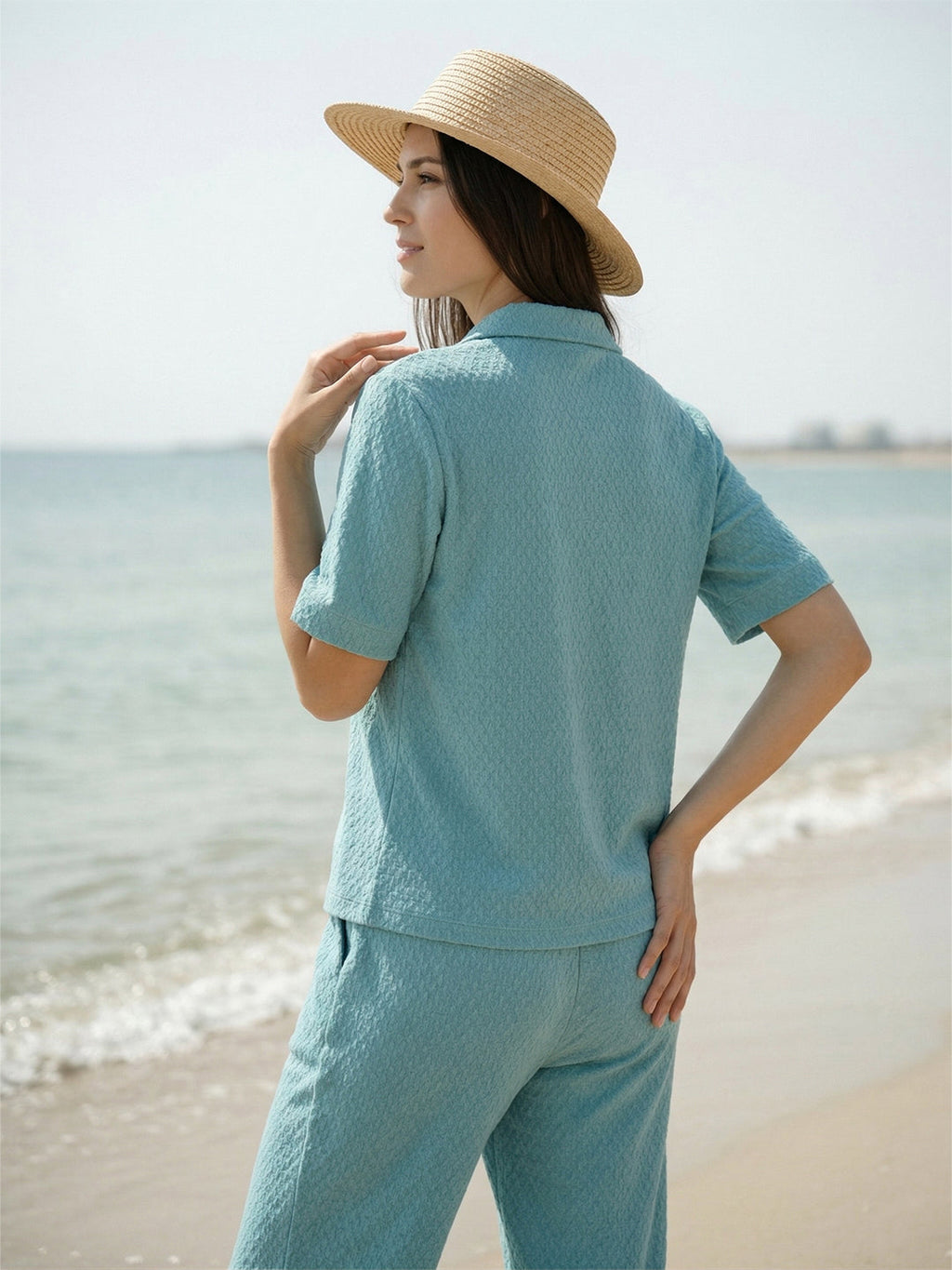 KISHRO Women Linen Solid Relaxed Fit Co-ord Set - Turquoise
