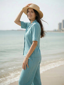 KISHRO Women Linen Solid Relaxed Fit Co-ord Set - Turquoise
