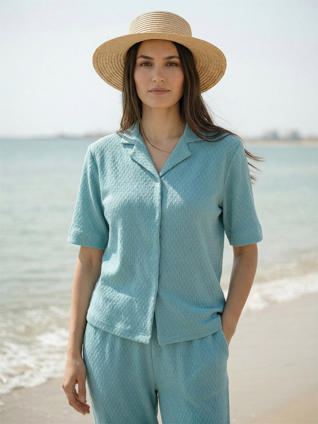 KISHRO Women Linen Solid Relaxed Fit Co-ord Set - Turquoise