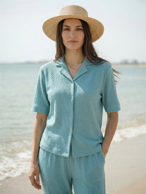 KISHRO Women Linen Solid Relaxed Fit Co-ord Set - Turquoise