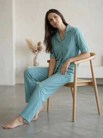 KISHRO Women Linen Solid Relaxed Fit Co-ord Set - Turquoise