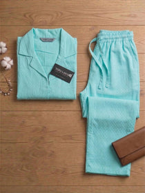 KISHRO Women Linen Solid Relaxed Fit Co-ord Set - Turquoise