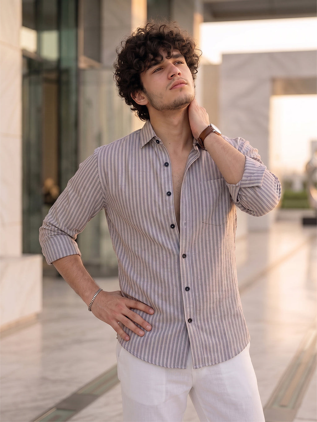 KISHRO Men Cotton Striped Regular Fit Casual Shirt - Gray Light