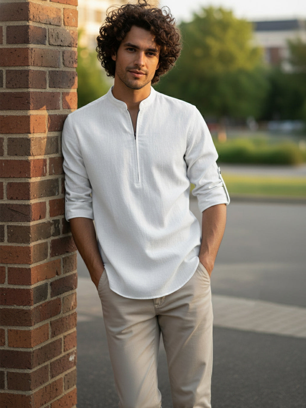 KISHRO Men Cotton Blend Striped Solid Short Kurta - Beige