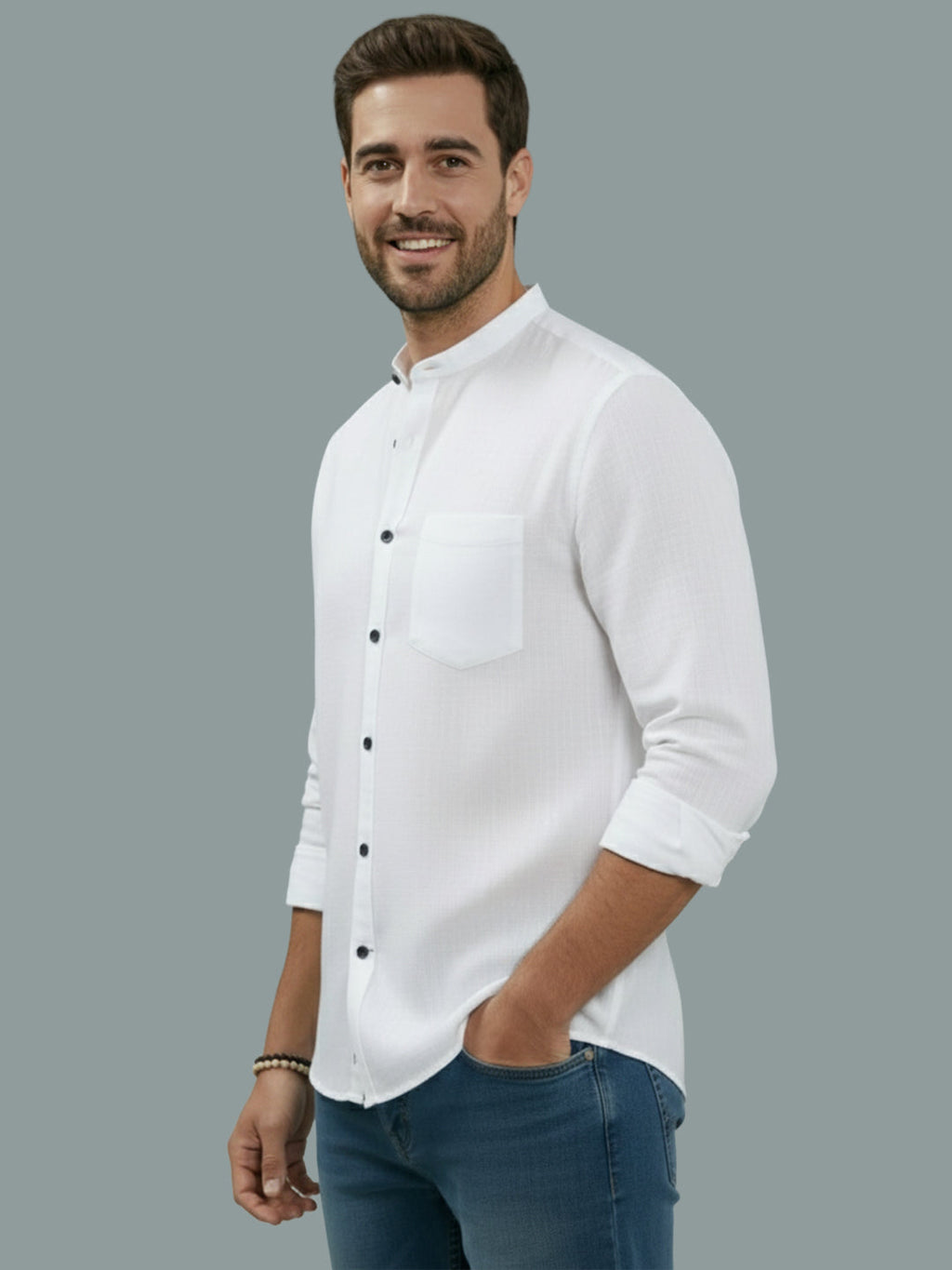 KISHRO Men Cotton Regular Fit Mandarin Collar Casual Shirt - Pink